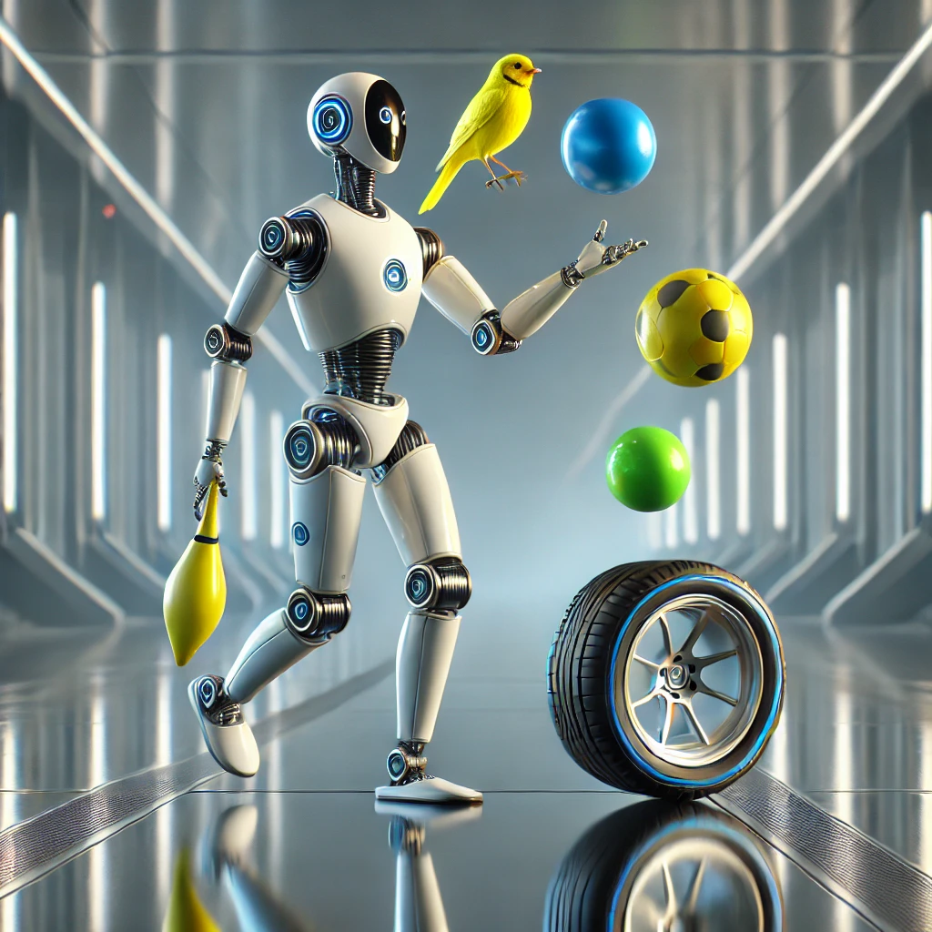 dalle-2024-10-16-16.44.11---a-photorealistic-image-of-a-robot-juggling-three-objects_-a-bright-yellow-canary,-a-blue-ball,-a-green-ball,-and-a-small-tire.-the-robot-is-standing-i