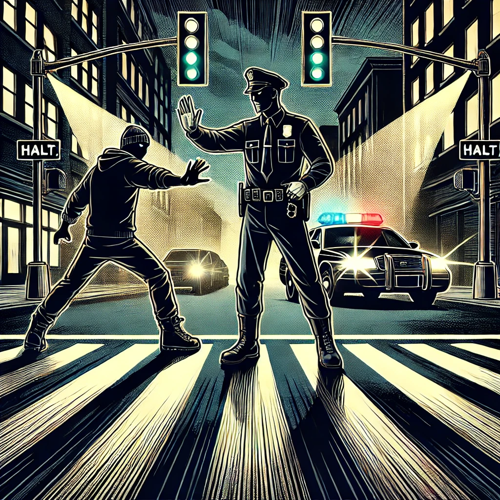 dalle-2024-10-31-12.40.53---a-sharp,-dark,-modern-comic-style-illustration-at-a-four-way-intersection-featuring-a-determined-policeman-blocking-a-burglar's-path.-the-scene-has-a-