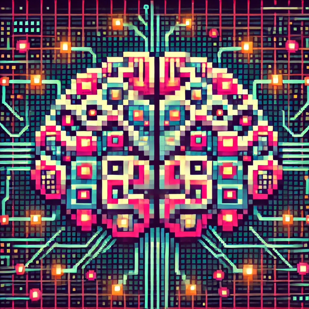 dalle-2024-10-31-13.04.32---an-8-bit-style-illustration-of-a-machine-learning-ai-brain,-pixelated-with-retro-game-graphics.-the-brain-has-circuits-and-nodes-that-glow,-connected-