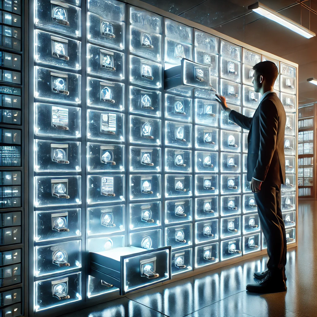 dalle-2024-11-13-13.58.12---a-futuristic-photo-showing-a-person-placing-various-papers-into-a-holographic-wall-of-drawers.-the-drawers-are-displayed-as-glowing,-semi-transparent-