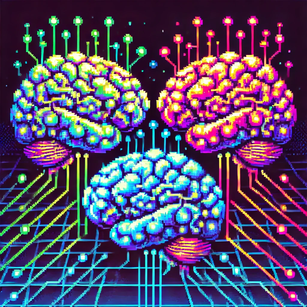 dalle-2024-11-14-09.40.08---a-16-bit-pixel-art-illustration-of-three-ai-brains-interconnected-and-'thinking'-together.-each-brain-is-depicted-in-vibrant,-glowing-colors-with-circ