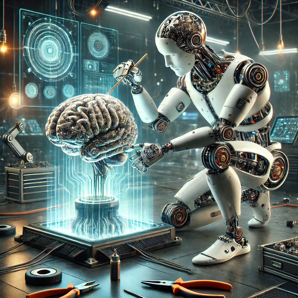 dalle-2024-11-15-10.00.44---a-realistic-photo-style-rendering-of-a-robot-mechanic-working-on-an-ai-brain.-the-mechanic-is-depicted-with-intricate-mechanical-arms-and-tools,-delic