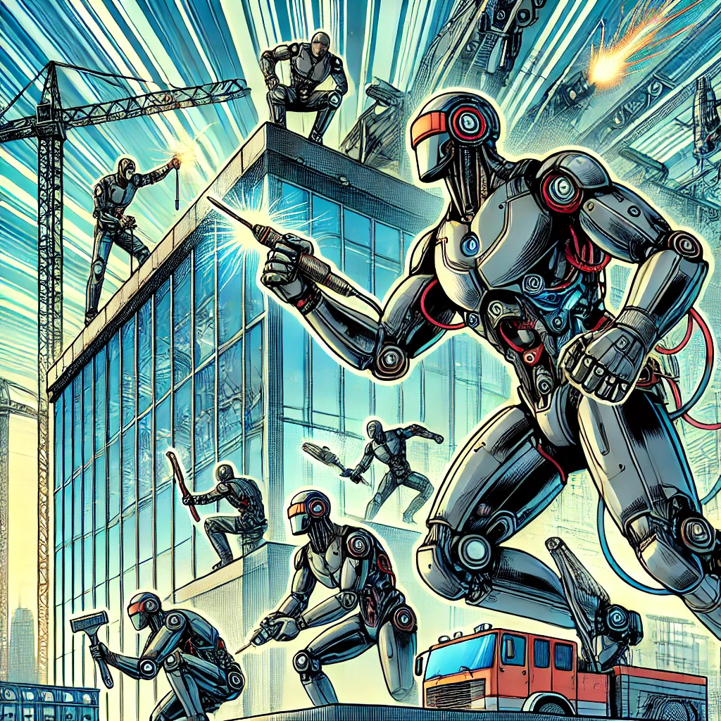 dalle-2025-01-14-13.15.50---a-comic-book-style-illustration-of-futuristic-robots-collaboratively-constructing-a-high-tech-building.-the-robots-are-sleek,-modern,-and-humanoid-in-