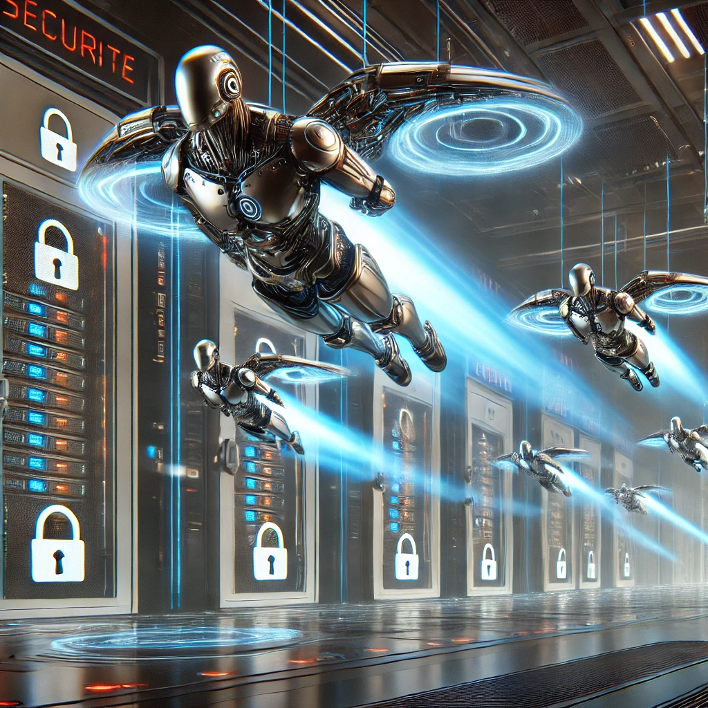 dalle-2024-10-20-10.06.45---a-photorealistic-image-of-futuristic-flying-robot-guards-protecting-data-as-it-flows-into-different-doors-representing-secure-data-storage.-the-robots