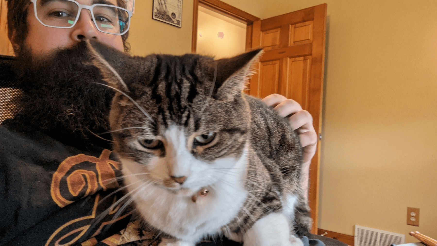 A man with a tabby cat on his lap