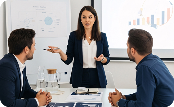 Woman giving a presentation to two men
